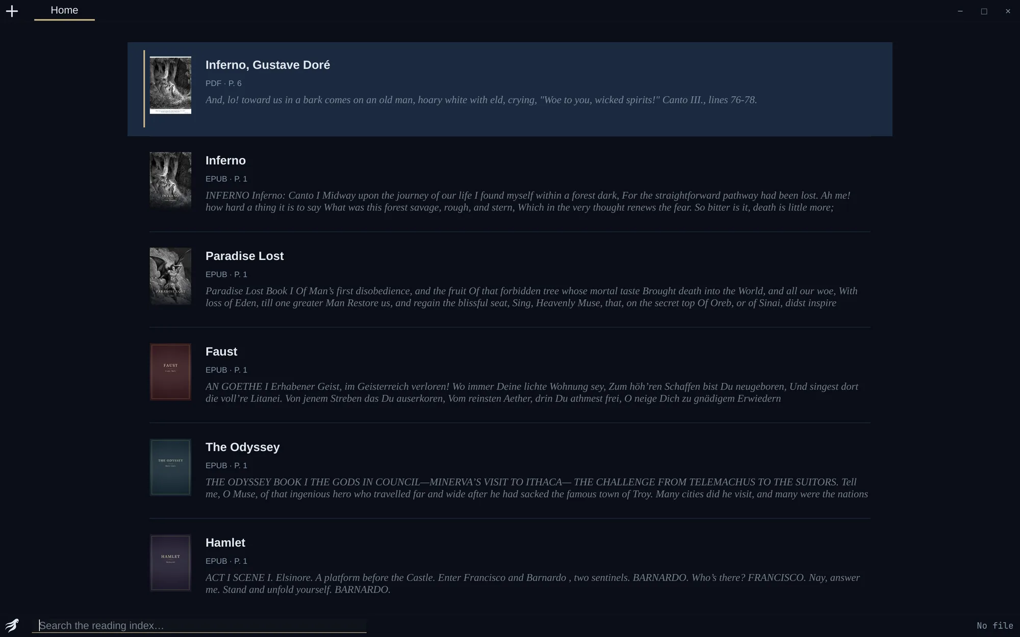 Banshee Home: the reading index with covers, formats and the place you left each book
