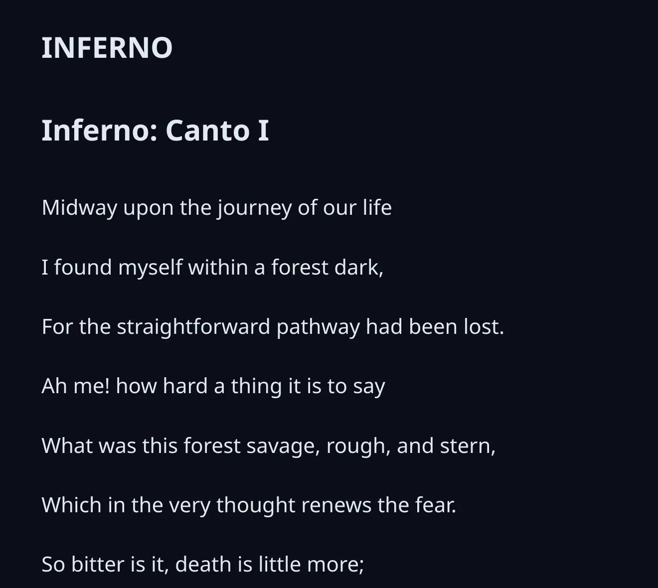 The opening of Longfellow's Inferno, Canto I, as an EPUB