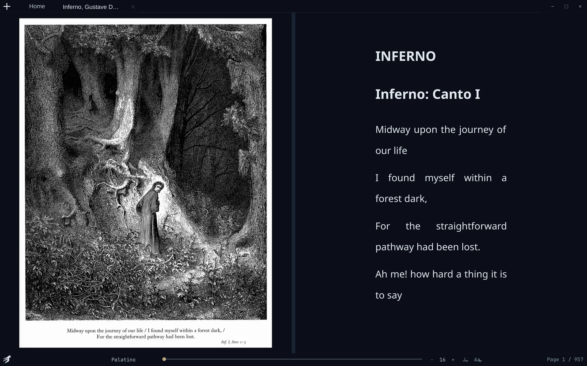 Split view: Doré's dark wood beside the verse it illustrates