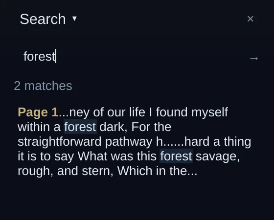 The Search sidebar finding every forest in the canto